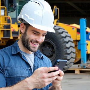 Image of an Australian engineering and mining guy with a white hard hat in a workshop looking at his phone smiling-1 Image of an Australian engineering and mining guy with a white hard hat in a workshop looking at his phone smiling-1